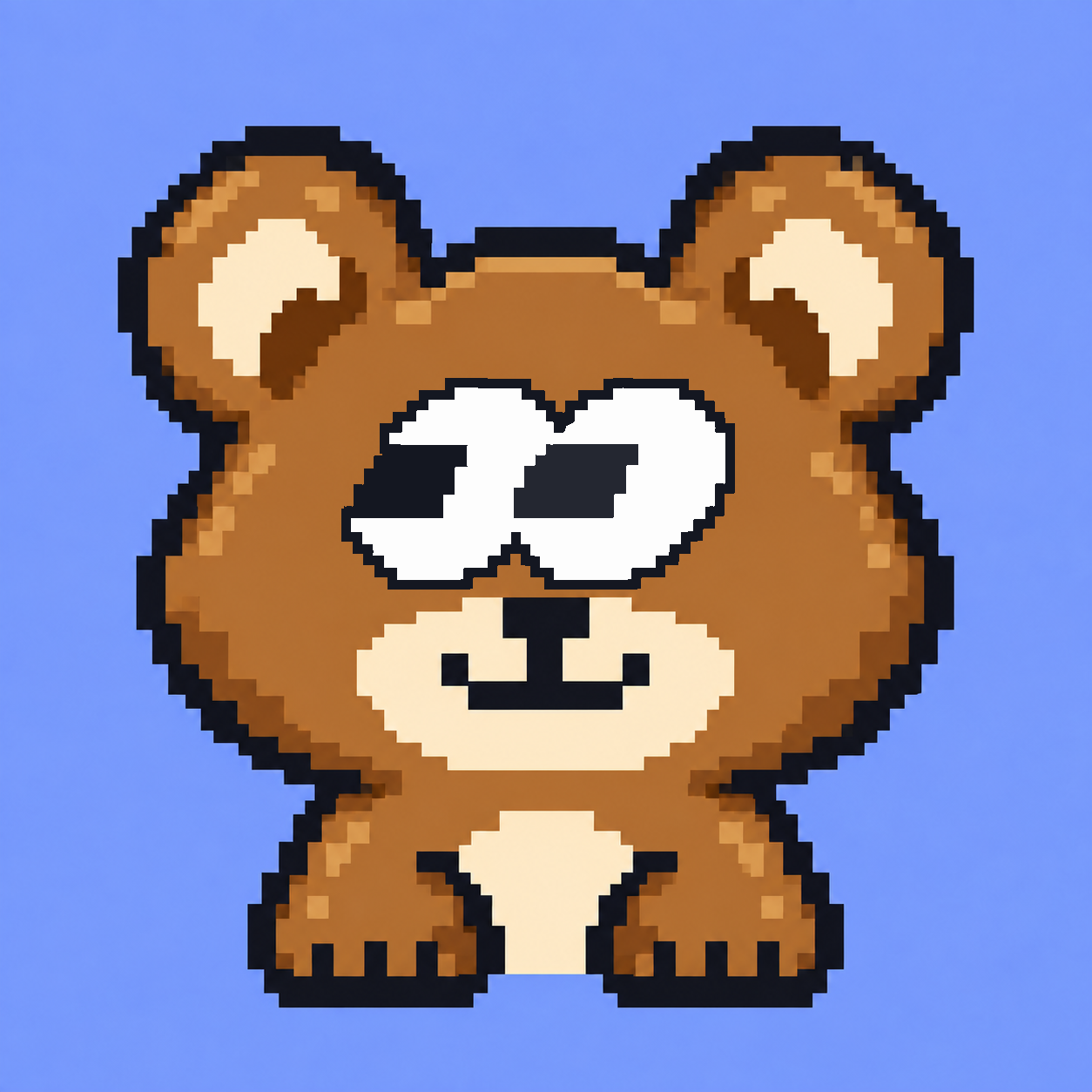 Wide-eyed brown pixel bear on a blue background