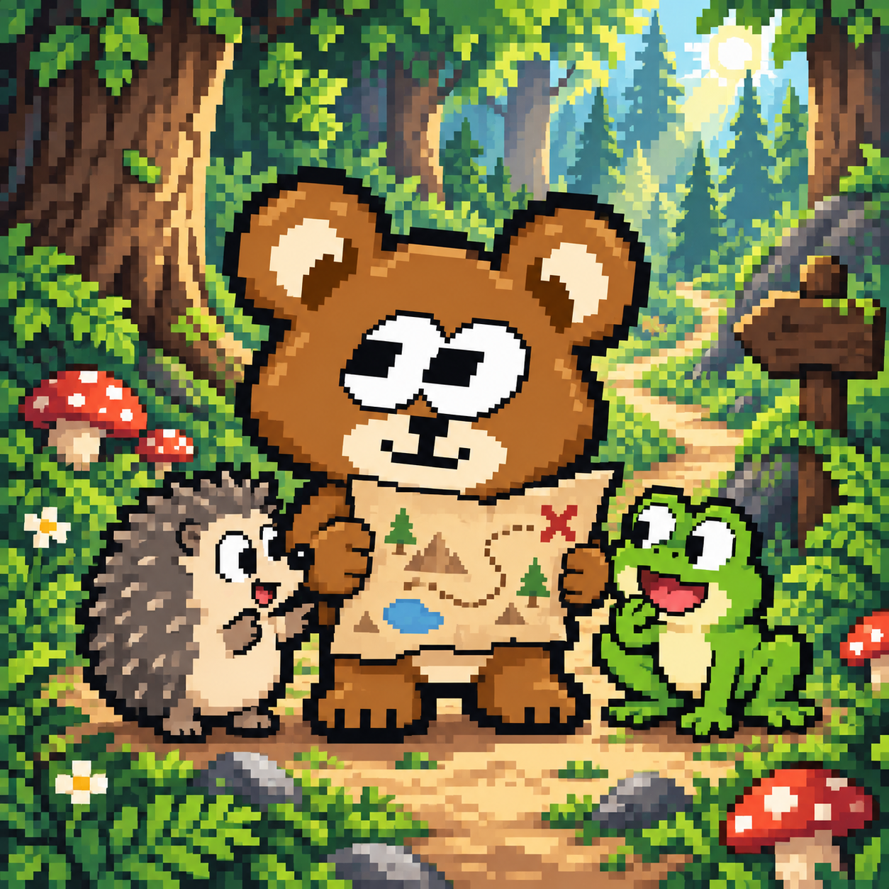 Pixel-art FOMOBEAR exploring a forest with a map, a hedgehog, and a frog