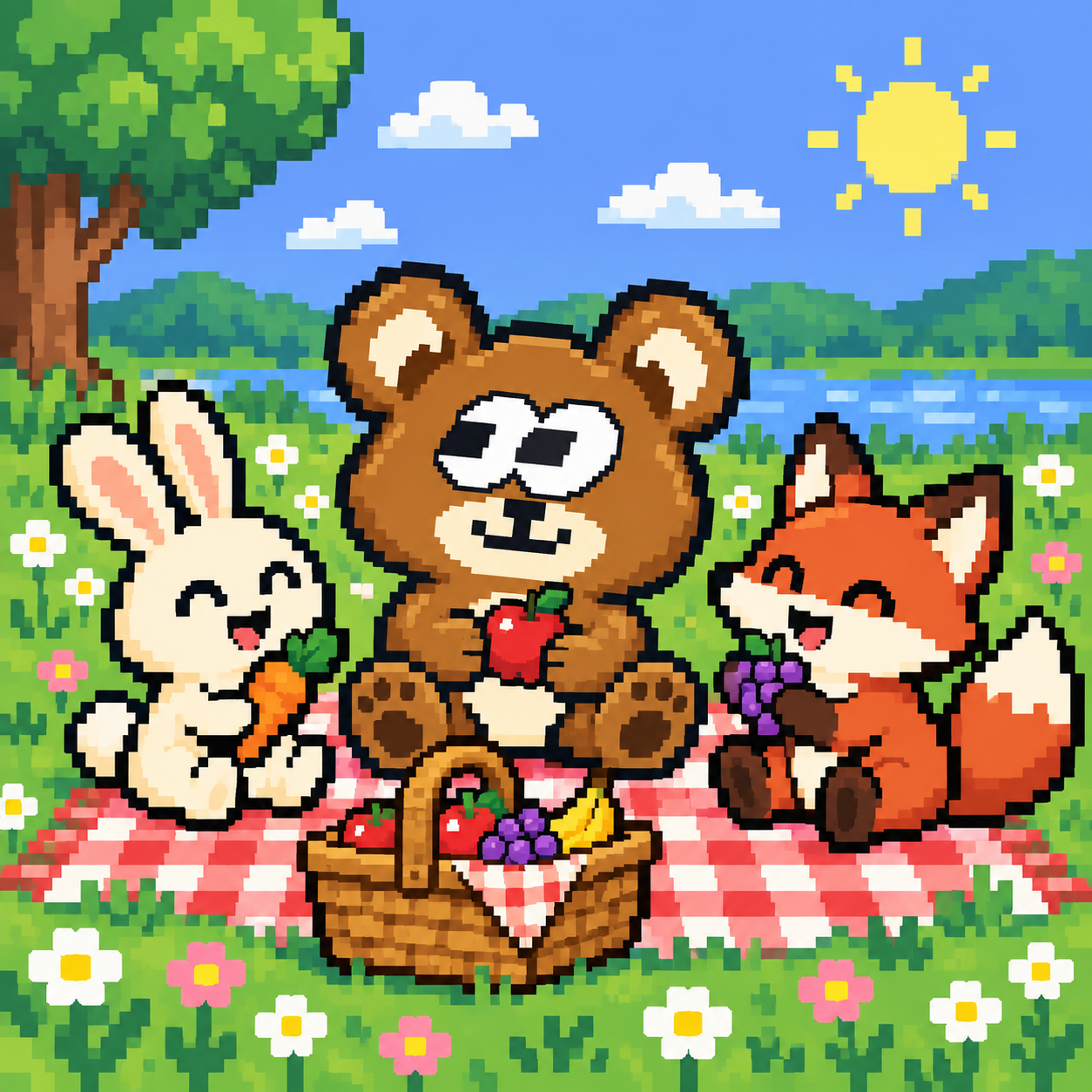 Pixel-art FOMOBEAR enjoying a sunny lakeside picnic with a rabbit and a fox