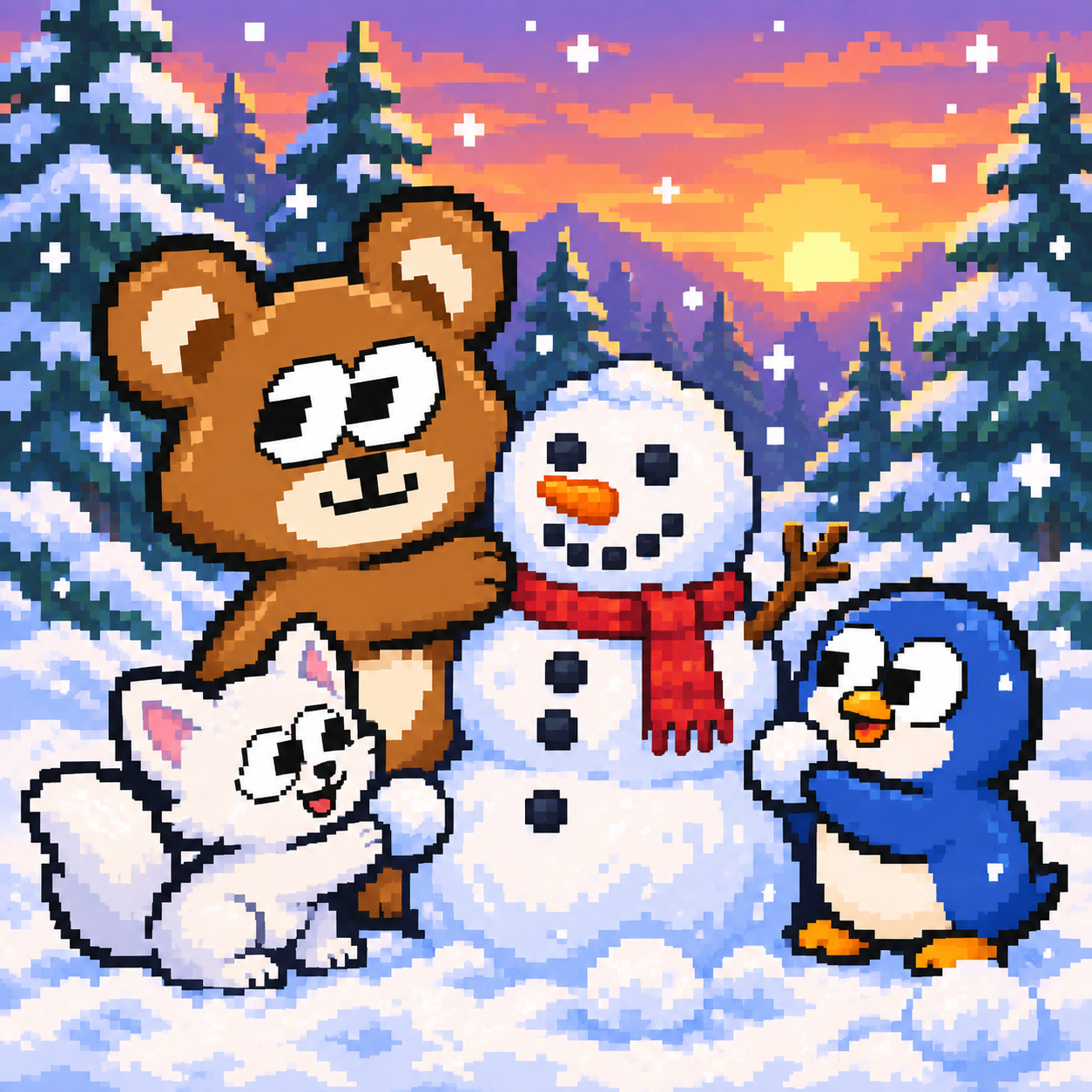 Pixel-art FOMOBEAR building a snowman with a white cat and a penguin at sunset
